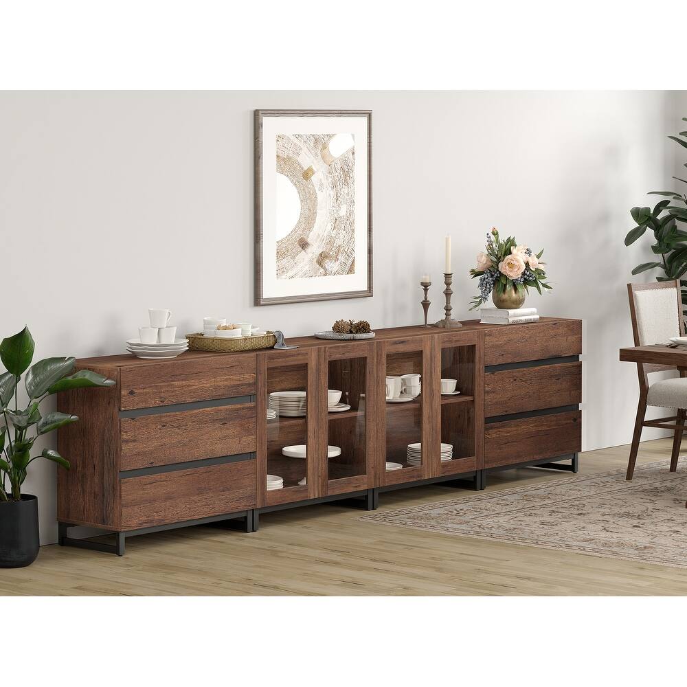 4 in 1 Storage Cabinet with 6 Drawers & Glass Doors, Modern Sideboard Credenza with Adjustable Shelves, Coffee Bar for Kitchen