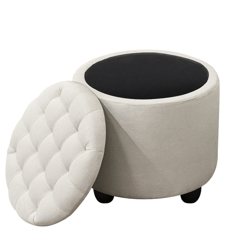 Modern Button Tufted Accent Storage Ottoman, Small Upholstered Circle Pouf Footstool with Removable Lid Storage Ottoman