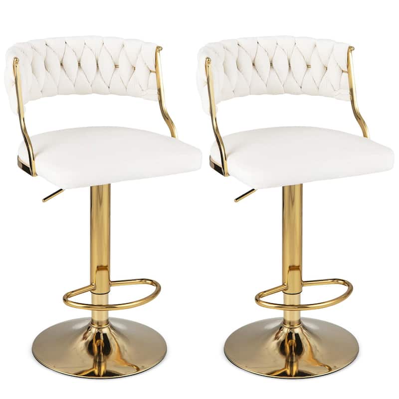 2 pcs Swivel Velvet Bar Stools Upholstered Adjustable Grey/Beige/Yellow - White