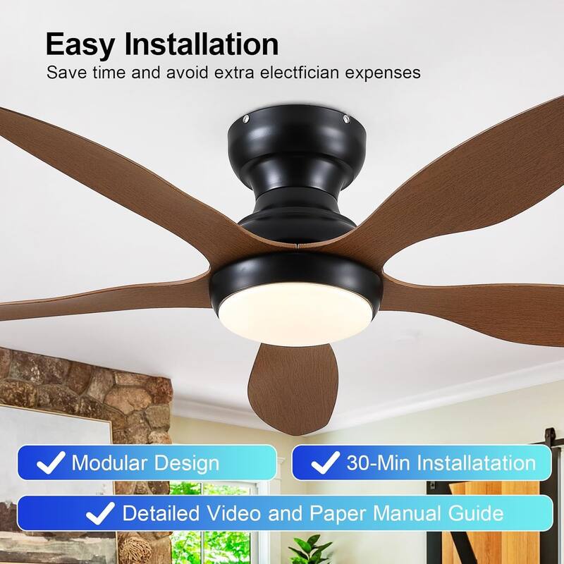 46" Modern Flush Mount Ceiling Fan with LED Light and Remote APP Control Reversible DC Motor for Living Room Bedroom - 46 Inches