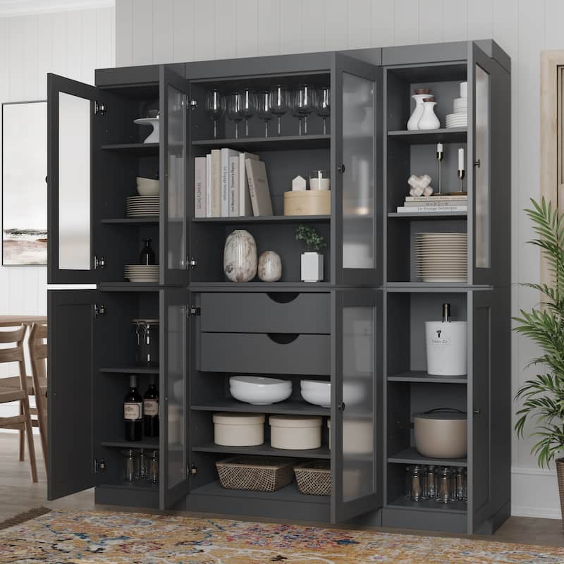 Palace Imports 100% Solid Wood 65" Pantry Cabinet with Frosted Glass, Shaker Doors, 2-Drawers and Adjustable Shelves