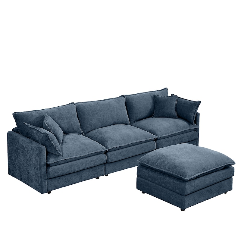 L Shaped Modular Sectional Sofa with Ottoman, Comfy Chenille Upholstered Cloud Couch, 4-Seat Deep Seat Sofa with Pillow