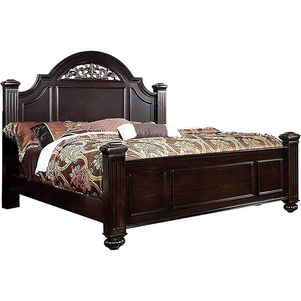 Royal Dark Walnut Finish 1pc Floral Design Headboard Bed