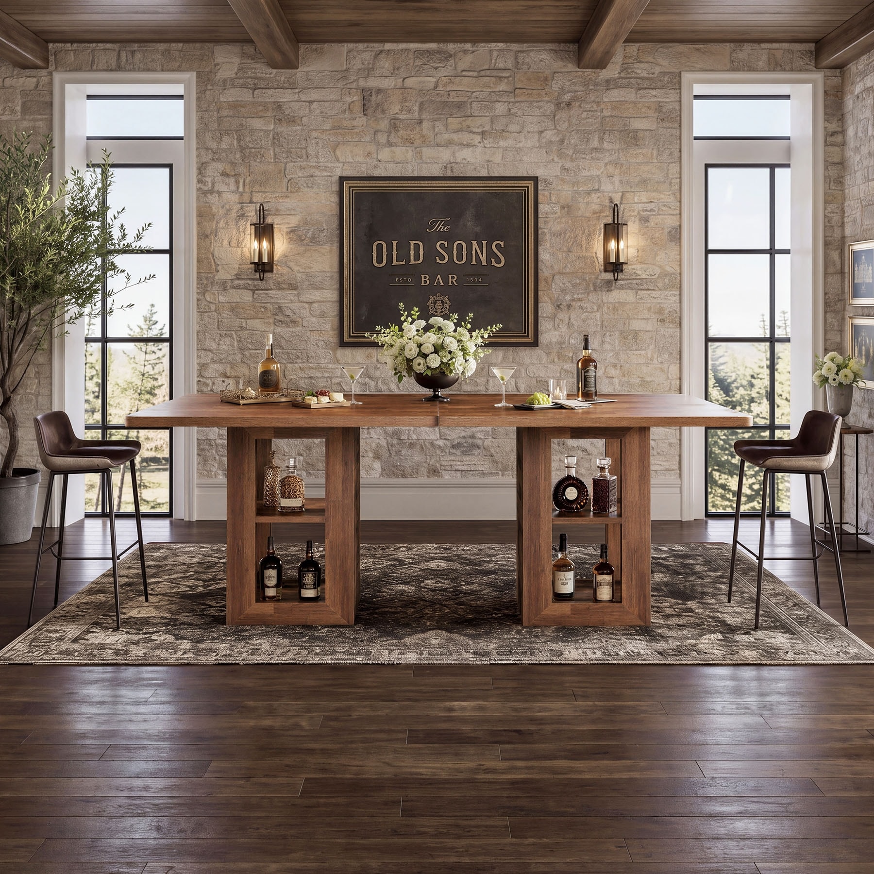 47" Square Bar Table, Counter Height Dining Table with Storage, Pub Table, Wooden High Top Kitchen Table