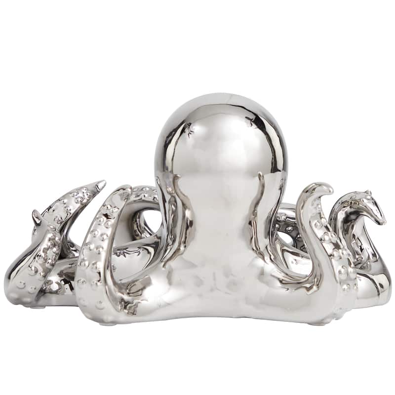 Silver Ceramic Octopus Decorative Sculpture with Textured Tentacles