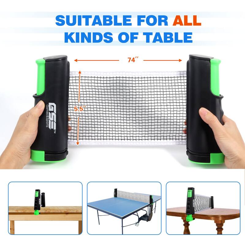 GSE™ Complete Portable Table Tennis Game Set with Retractable Ping Pong Net & Post, 2 Paddles & 3 Ping Pong Balls for Anywhere