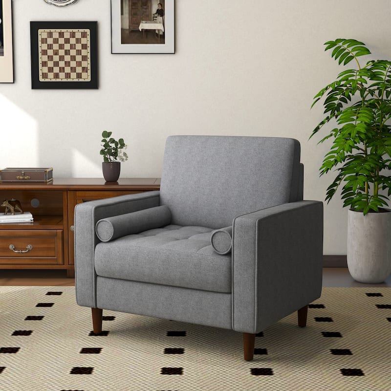 Living Room Wide Armchair Accent Chair Linen With Bolster Pillow - Grey