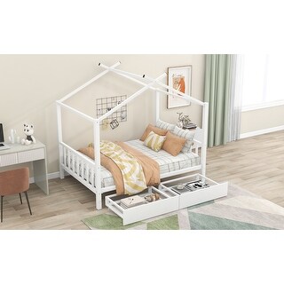 Full Metal House Platform Bed with Drawers and Roof