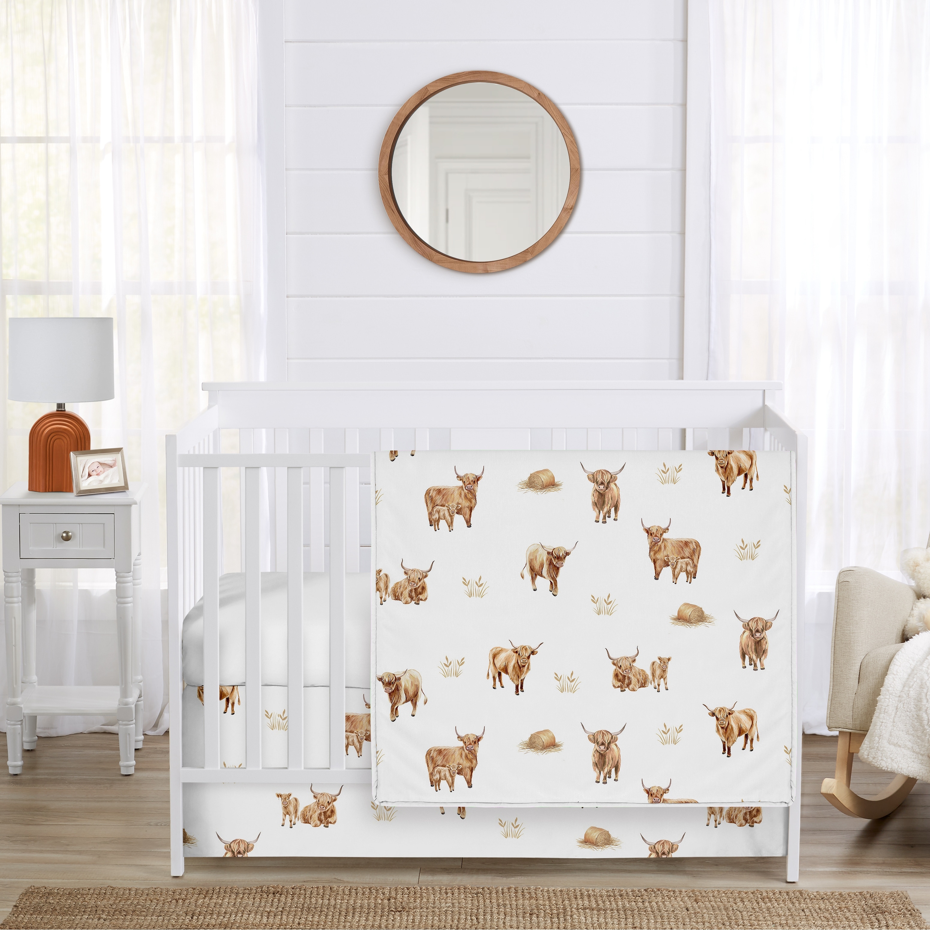 Sweet Jojo Designs Boho Highland Cow Boy, Girl, Gender Neutral 3pc Nursery Crib Bedding Set - Farm Animal, Watercolor, Farmhouse