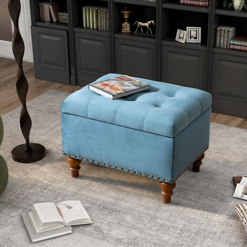 Square Velvet Ottoman with Storage Space & Rivet Trim Around