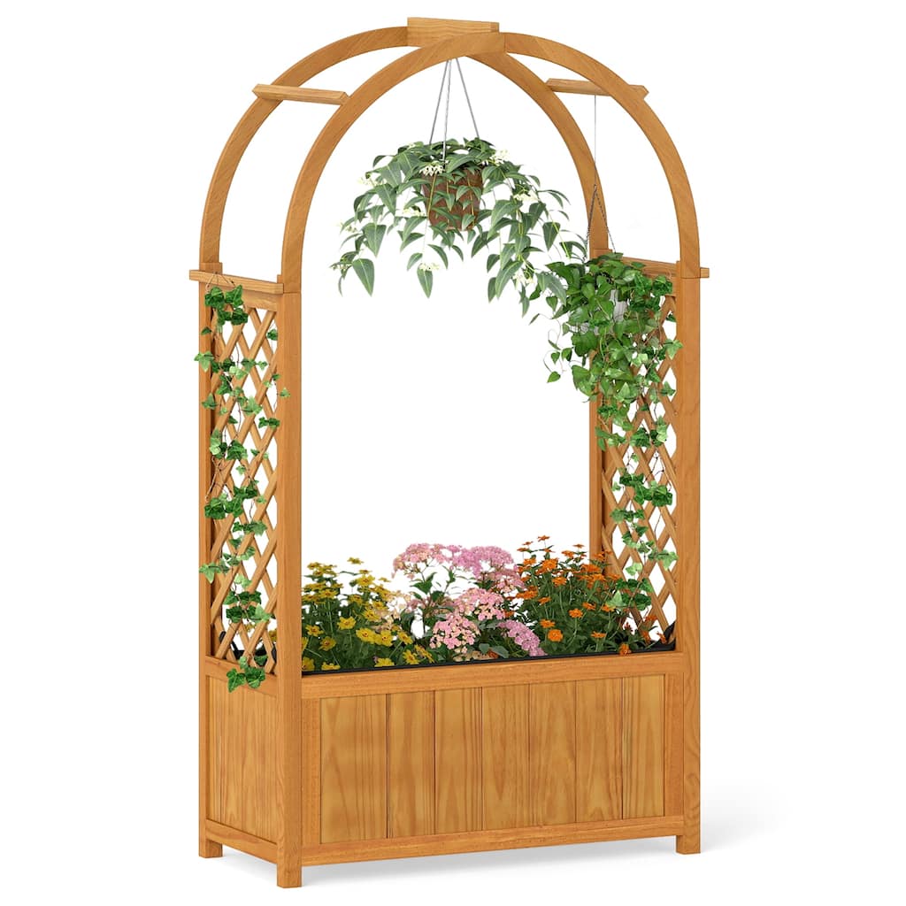 Gymax Wooden Raised Garden Bed w/ Lattice Trellis Arched Roof Liner