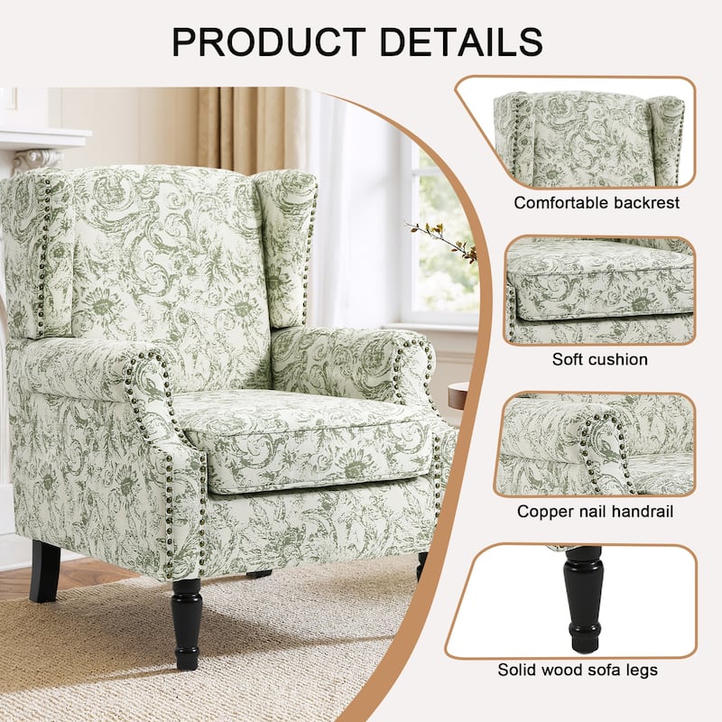 Traditional Floral Patterned Wingback Armchair with Nailhead Trim