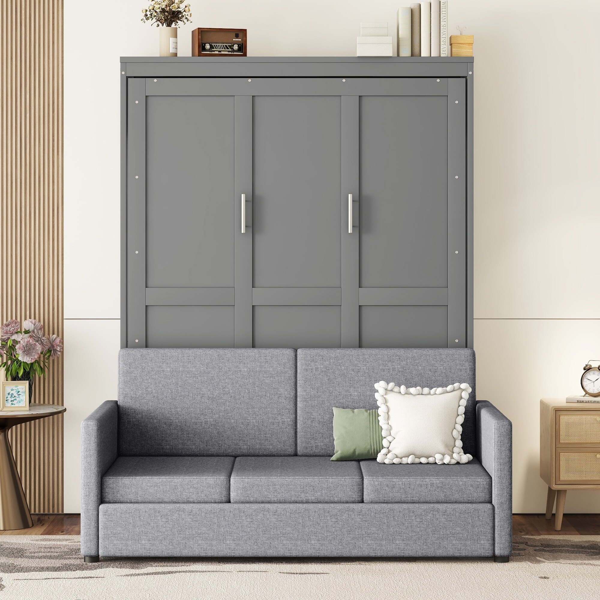 Queen Size Murphy Bed Couch Combo Hidden Murphy Bed Cabinet with Foldable Sofa for Guest Room or Small Living Space White
