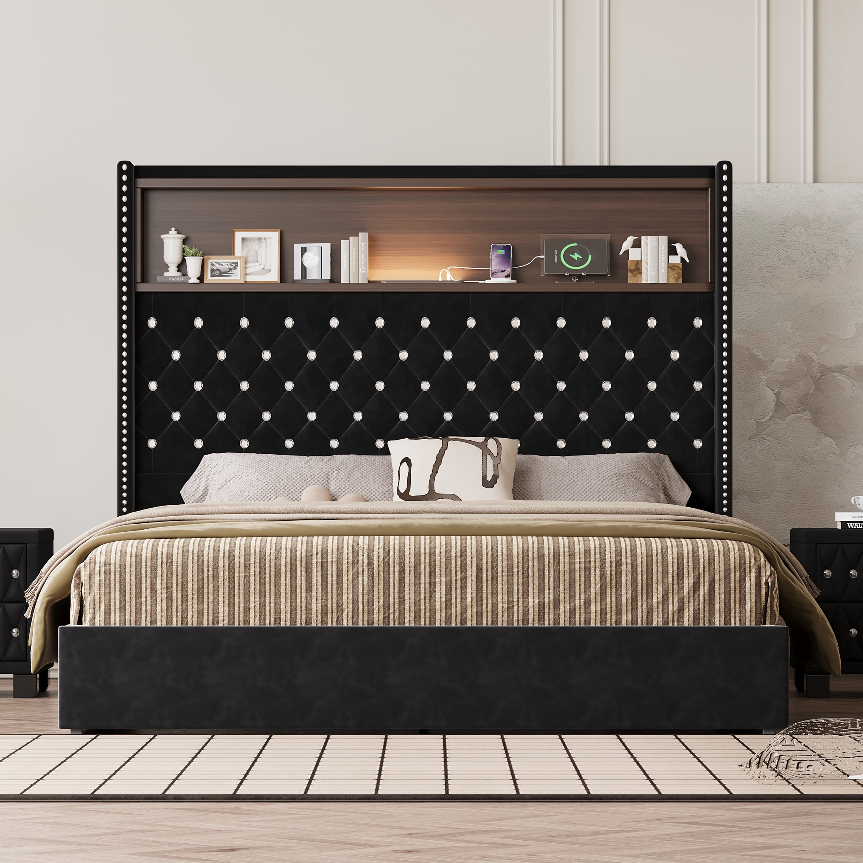 Roomfitters Velvet Tufted Platform Bed with Charging Ports, Tall Wingback Headboard with Rivet Trim and Shelf