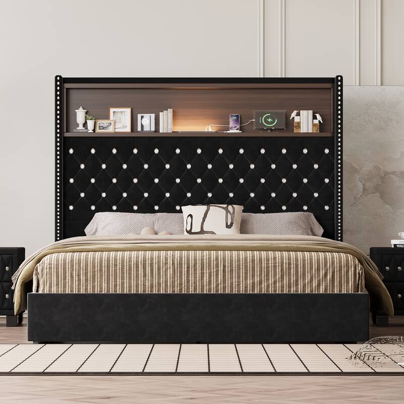 Roomfitters Velvet Tufted Platform Bed with Charging Ports, Tall Wingback Headboard with Rivet Trim and Shelf - Black - Queen