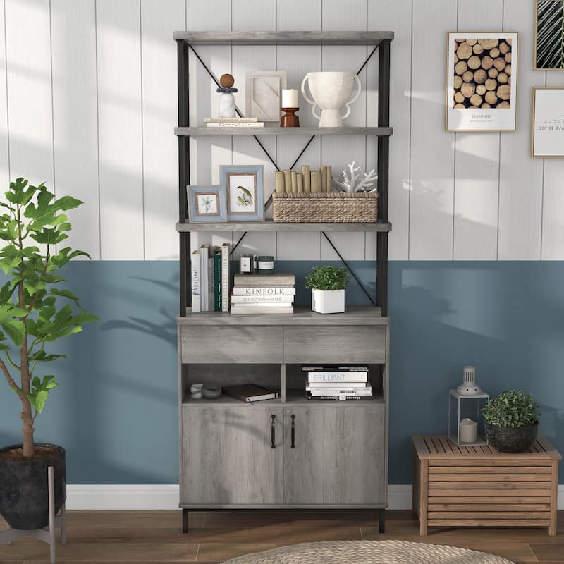DH BASIC Farmhouse Vintage Grey Oak 5-Shelf and 2-Drawer 2-Cabinet Bookcase by Denhour