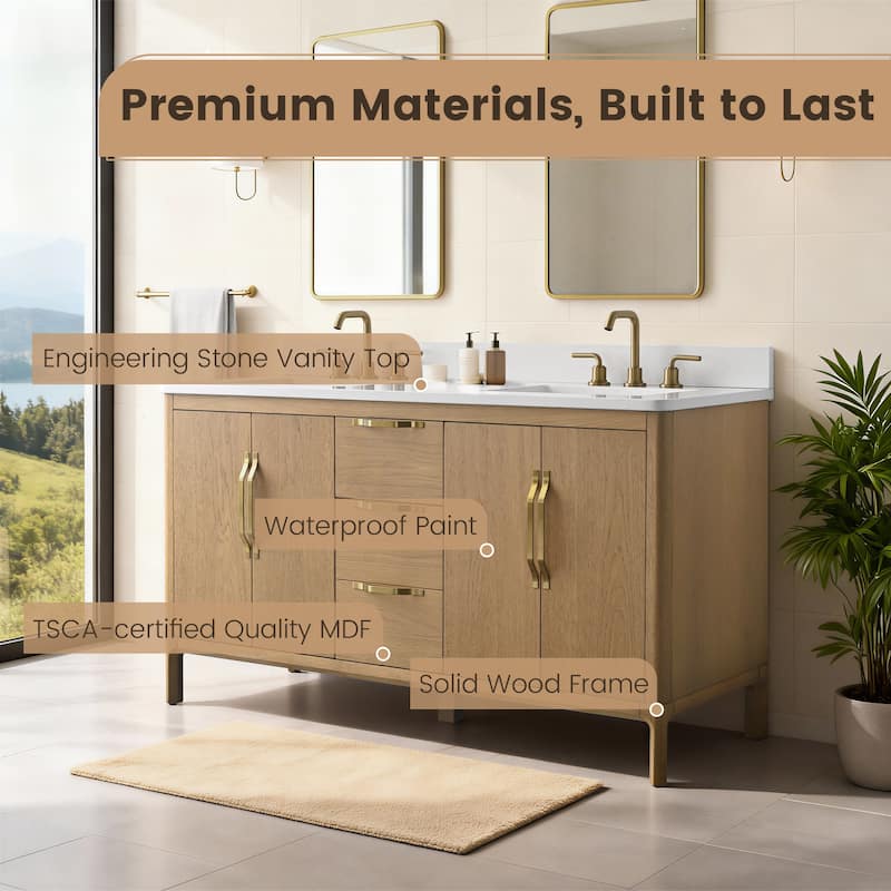 60" Freestanding Double-Sink Bathroom Vanity with Engineered Stone Top, Built-In Power Outlet, and Hair Dryer Storage