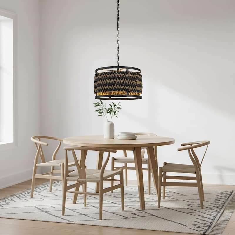 Amara 3-Light Wicker Drum Pendant, Rustic Boho - Handwoven - 18" Wide