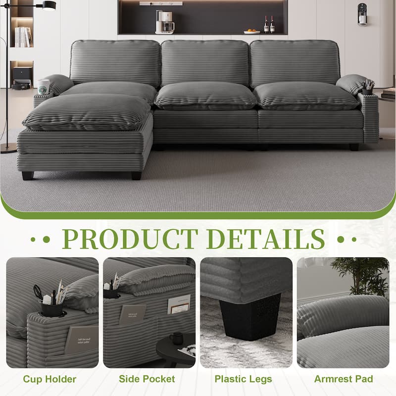 113" L Shaped Sectional Sofa, Deep Seat Cloud Couch with Ottoman, Oversized Corduroy Couch with Cup Holders, Storage Bags