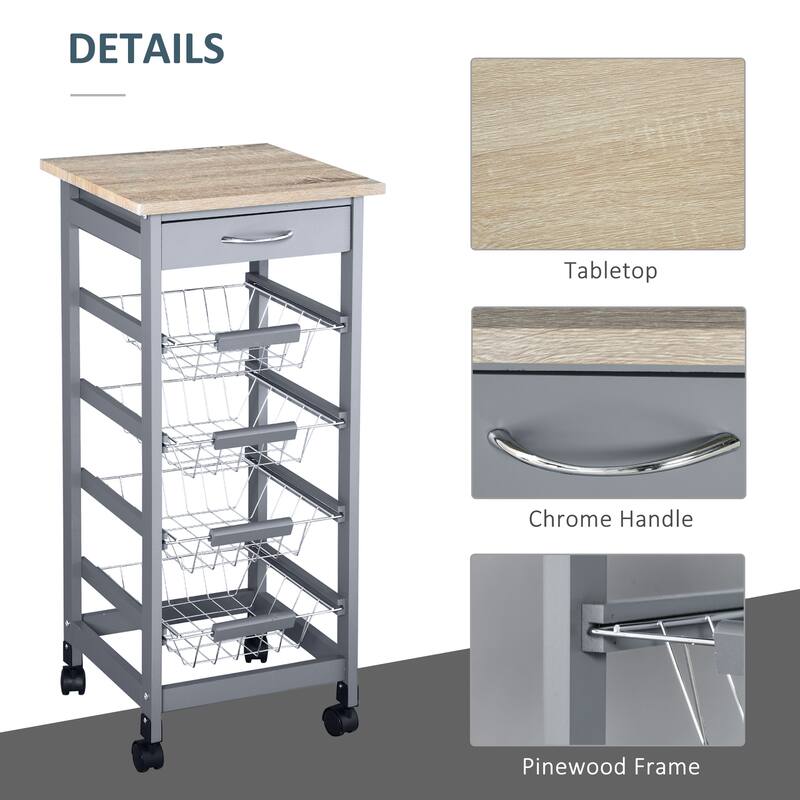 HOMCOM 32.25" Wooden Rolling Kitchen Storage Cart on 360-deg Swivel Wheels with Ample Storage Space & Solid Structure