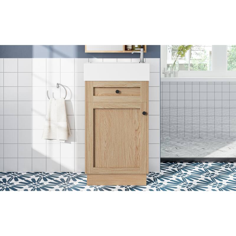Bathroom Vanity with Sink, Wooden Bathroom Storage Cabinet, Narrow Bathroom Vanity with Reversible Door & Adjustable Shelf
