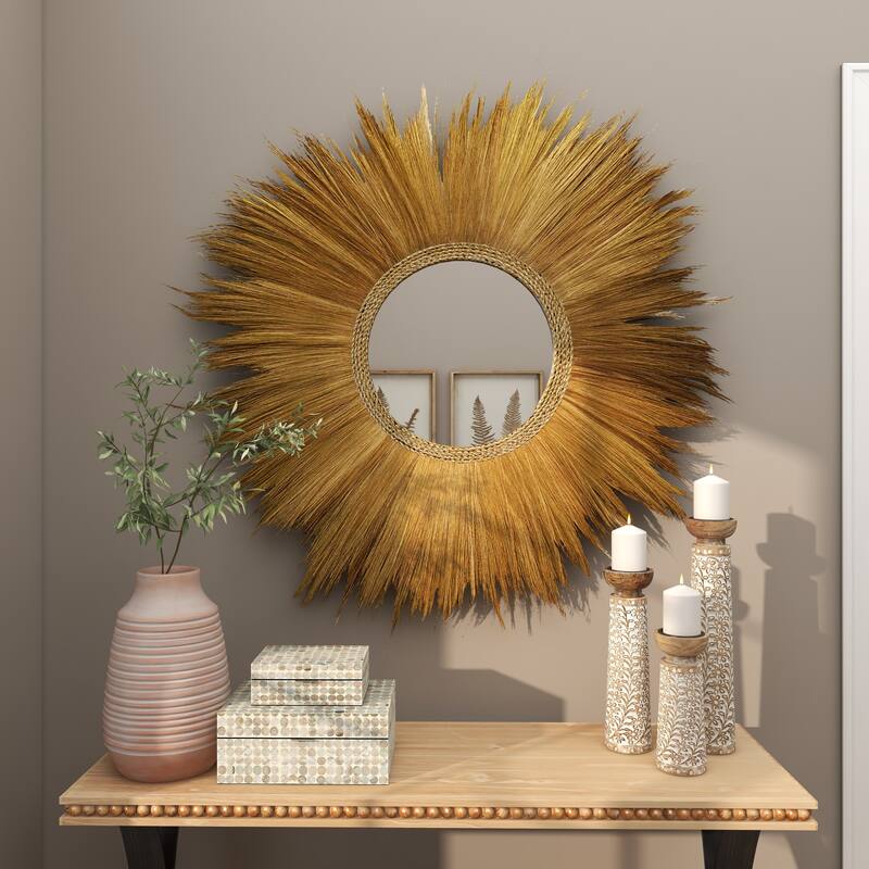 Dried Plant Tribal Inspired Sunburst Grass Wall Mirror with Coiled Rope Center - Brown - Roche River Decor - 2"W x 45"L x 45"H