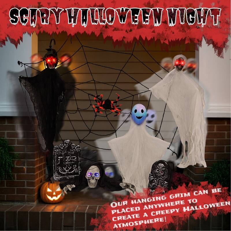 Outdoor Halloween Decorations 8-Piece Set, Hanging Ghosts Decor and Cobweb and Gravestone with Lighted Up Eyes
