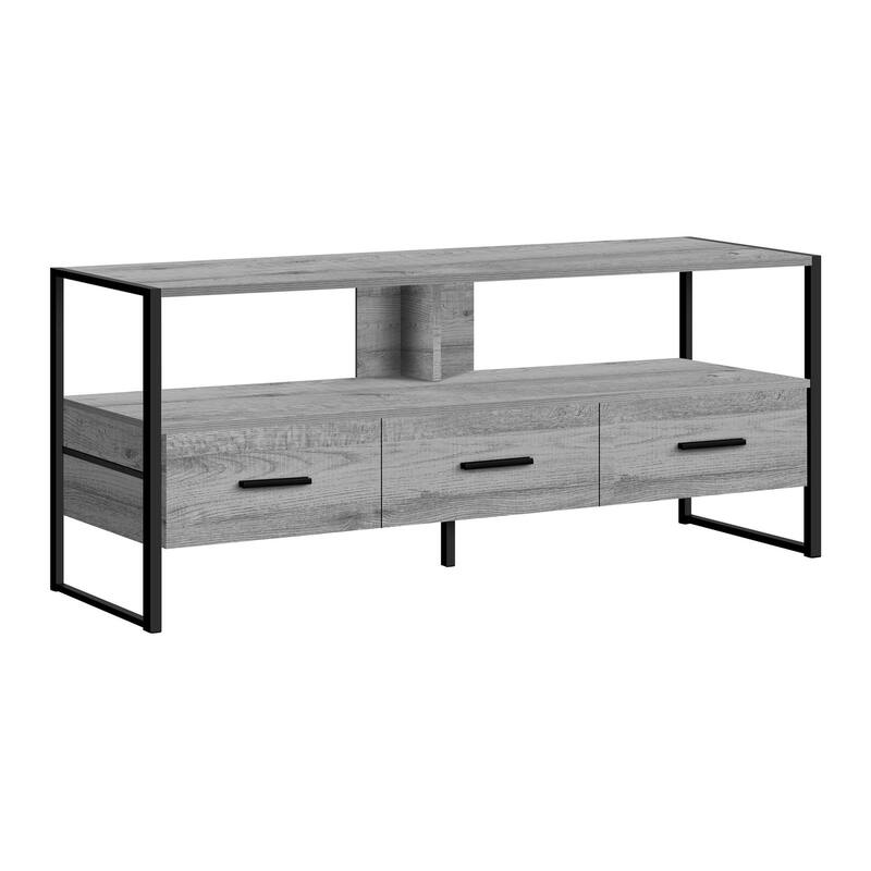Modern 48" TV Stand, Industrial Design with 3 Storage Drawers & Open Shelves, Black Metal Frame - Grey