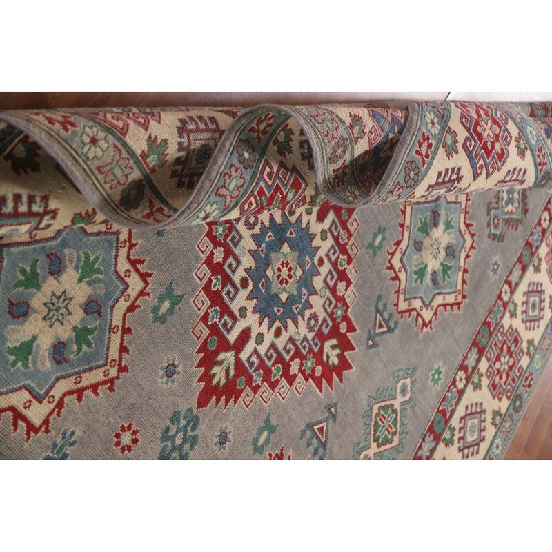Gray Geometric Kazak Oriental Area Rug Hand-Knotted Wool Carpet - 6'10"x 9'11"
