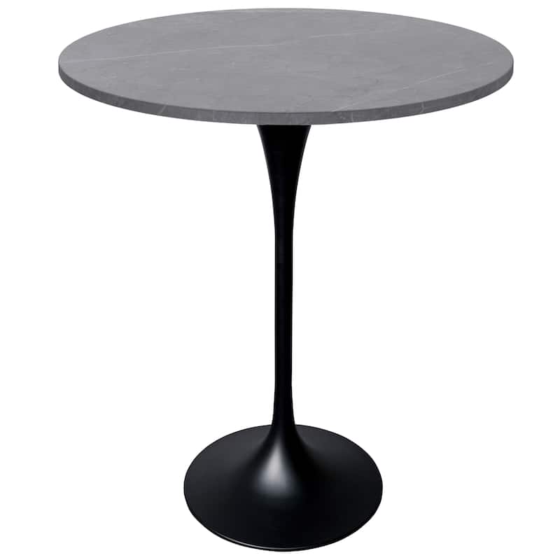 LeisureMod Verve 27" Bar Height Dining Table with Sintered Stone Round Top in Black Pedestal Base - Marble Grey