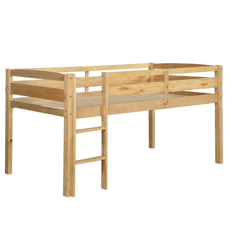 Roomfitters Twin Wood Loft Bed, Low Loft Bed with Ladder, Space-Saving Pine Frame, Walnut