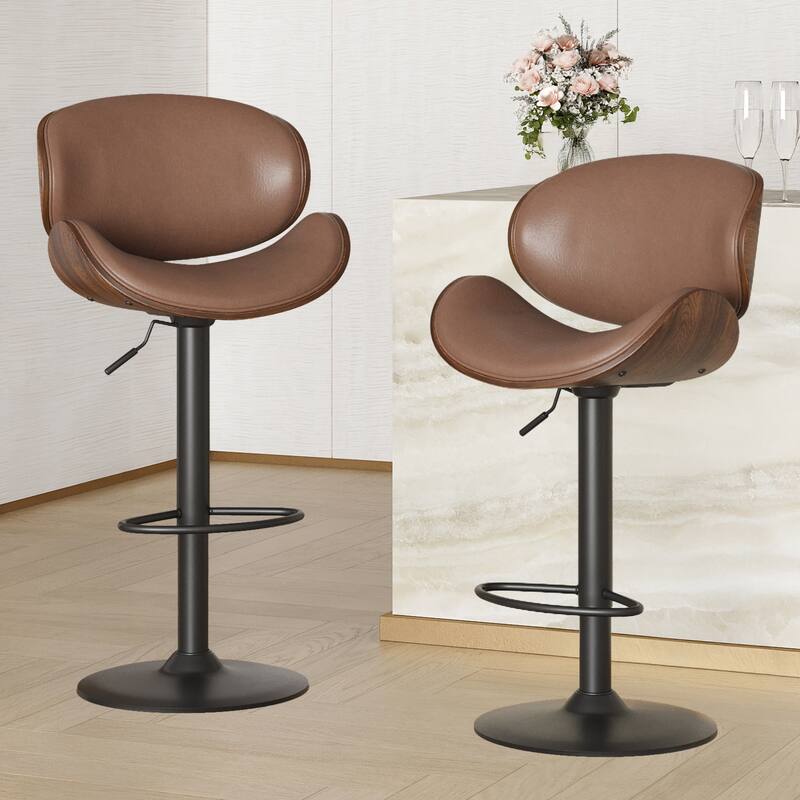 Swivel Bar Stools Set of 2, Adjustable Height Bentwood Barstools with PU Leather Upholstered Seat, Backrest and Footrest - Brown