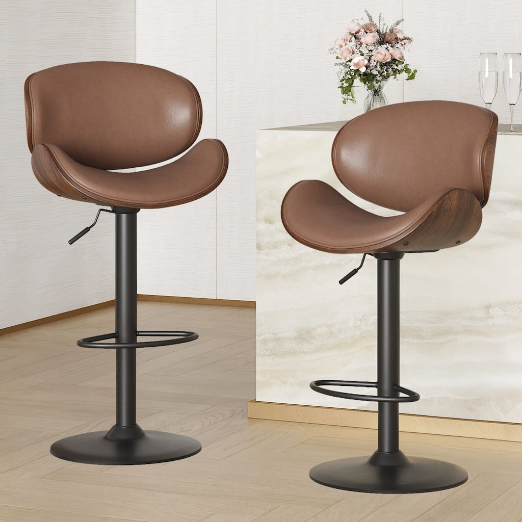 Swivel Bar Stools Set of 2, Adjustable Height Bentwood Barstools with PU Leather Upholstered Seat, Backrest and Footrest