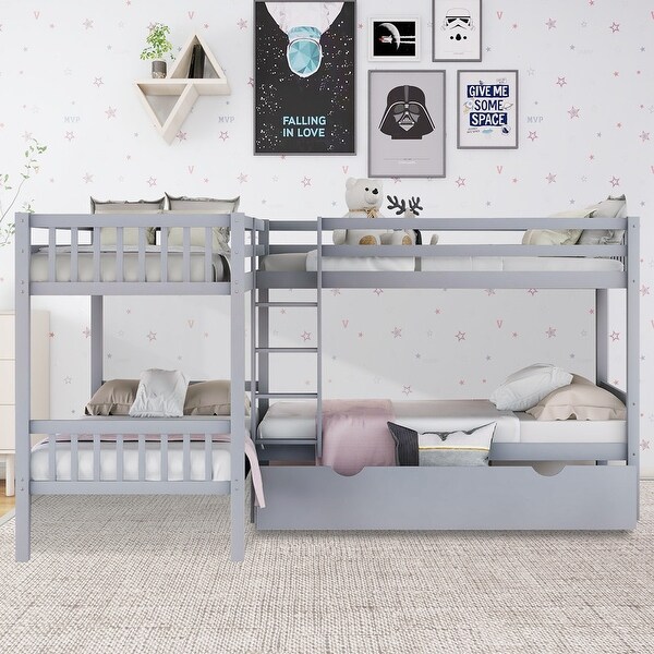 Wooden Bunk Beds for 4 Kids, Twin Over Twin L-Shaped Bunk Bed