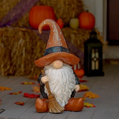 Halloween Gnome Warlock with Broom and Brown Hat