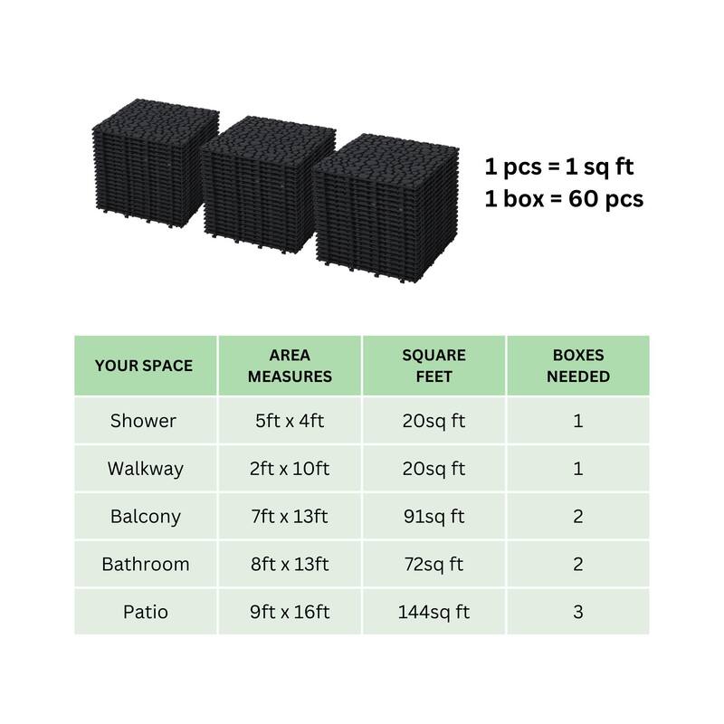 12 x 12 Inch Interlocking Deck Tiles Plastic Waterproof Outdoor All Weather Anti-slip, Weight Capacity Upto 440 LBS, Pack of 60