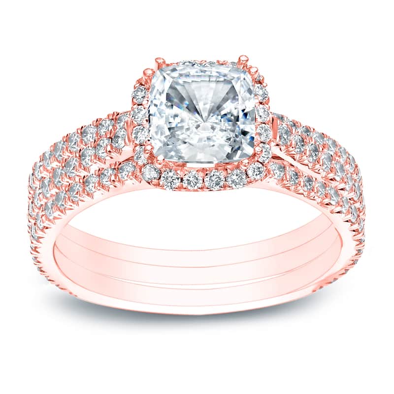Auriya 2 2/5ctw Cushion-cut Halo Diamond Engagement Ring 3pc Set 14k Gold - Rose - 5.5