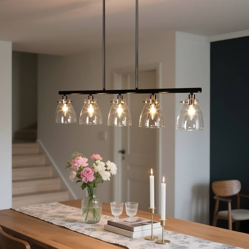 Modern Farmhouse 5-Light Black Gold Chandelier Linear Island Pendant Light for Dining Room - 38"L x 5"W x 7.5"H