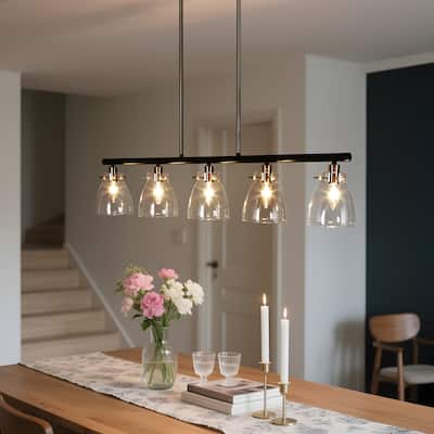 Modern Farmhouse 5-Light Black Gold Chandelier Linear Island Pendant Light for Dining Room - 38"L x 5"W x 7.5"H