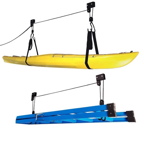 Leisure Sports Kayak Storage Hoist- Set of 2- Pulley & Strap System to Lift Canoes, SUPs & Ladders to the Ceiling. Opens flyout.