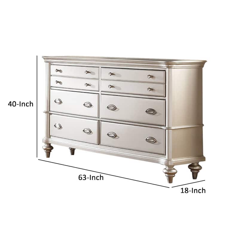 63 Inch Wide 6 Drawer Dresser, Crystal Like Knobs, Molded Details, Silver