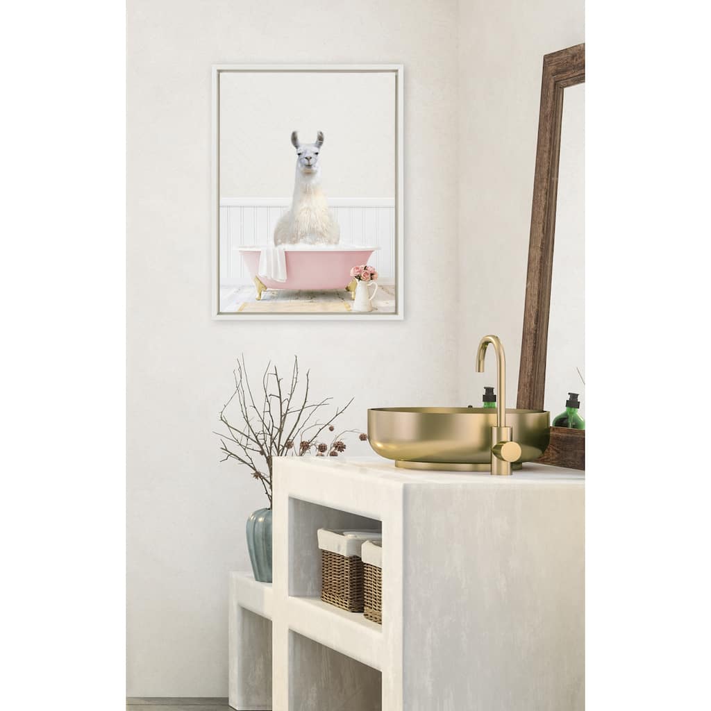 Kate and Laurel Sylvie Llama Rose Bath Framed Canvas by Amy Peterson