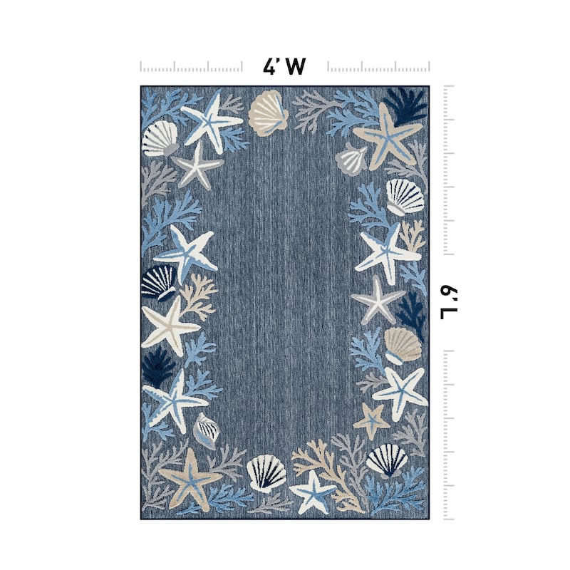 World Rug Gallery Indoor/Outdoor High-Low Textured Area Rug, Coastal Border Easy-Clean Patio Rug