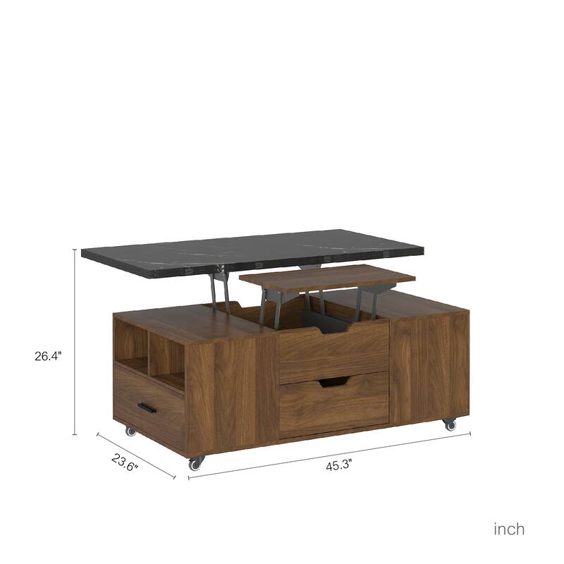 Modern Lift-Up Coffee Table with 2 Stools Set Expandable Hidden Storage + Drawers Space Saving Folding Dining Table