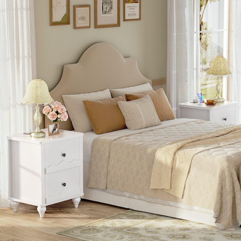 Modern Nightstand with Charging Station, Side End Table with 2 Drawers