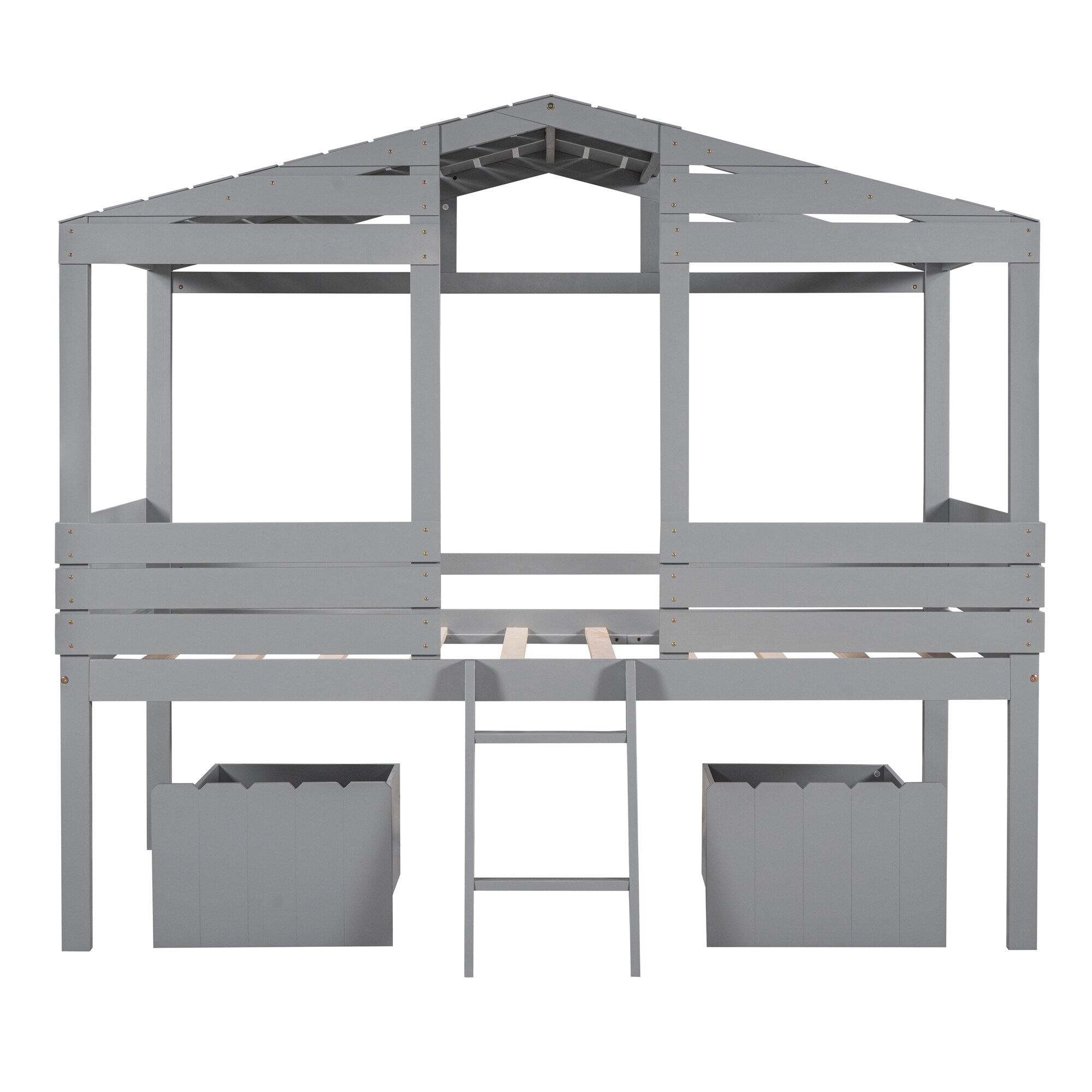 Treehouse Twin Size Low Loft Bed with 2 Storage Boxes, Solid