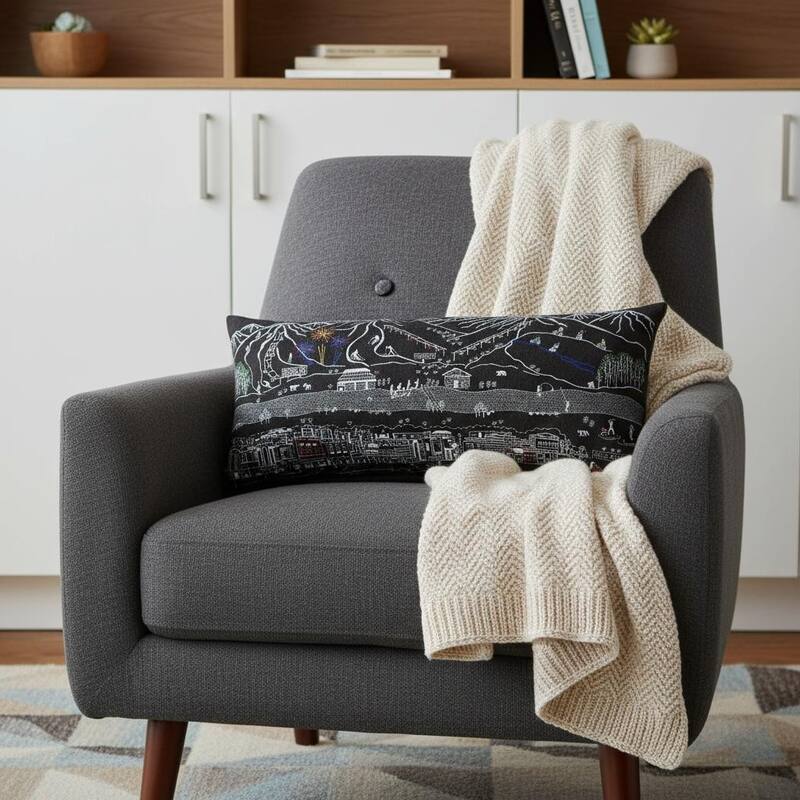 HomeRoots 14" X 35" Dark Gray And White Breckenridge Nighttime Skyline Lumbar Decorative Pillow