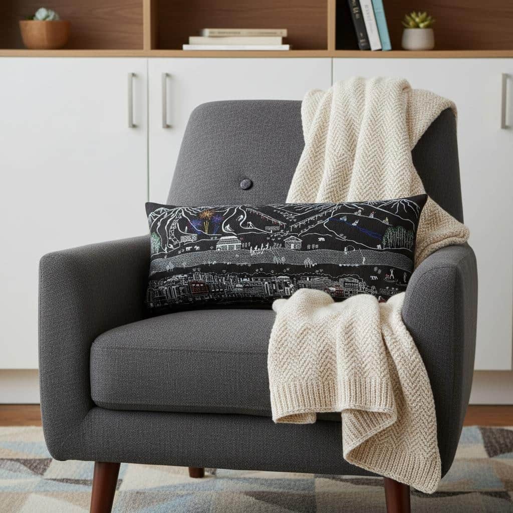 HomeRoots 14" X 35" Dark Gray And White Breckenridge Nighttime Skyline Lumbar Decorative Pillow