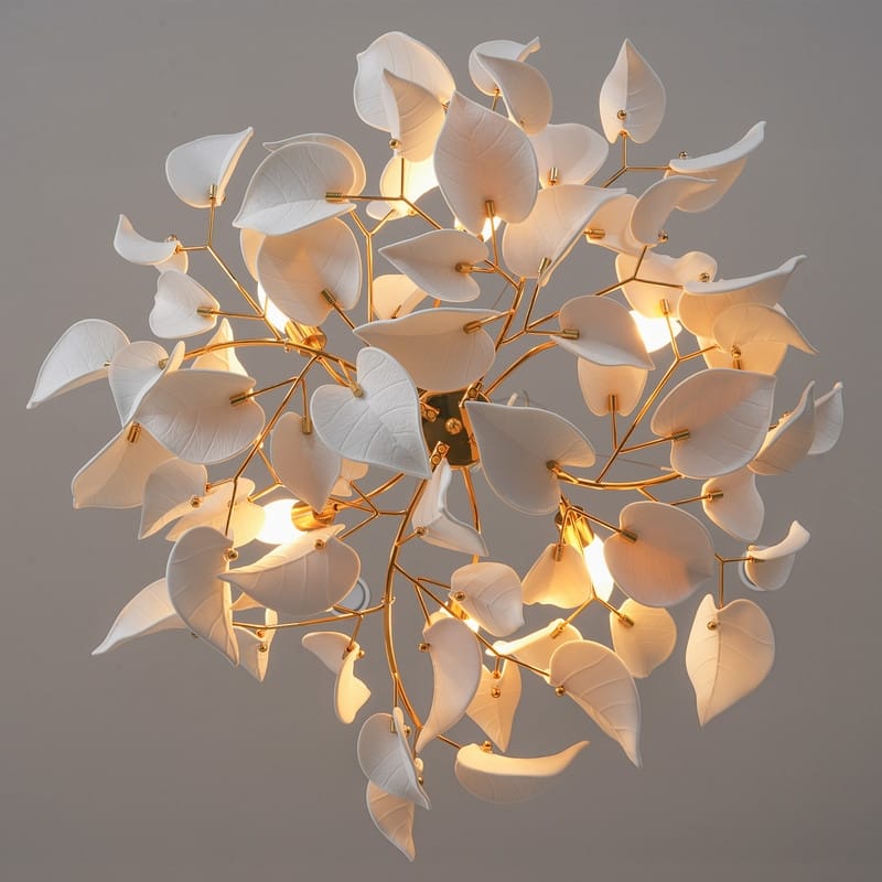 KAYLA 31.5" 6-Light Luxury Gold Round Chandelier, Modern Ceramic Leaf Branch