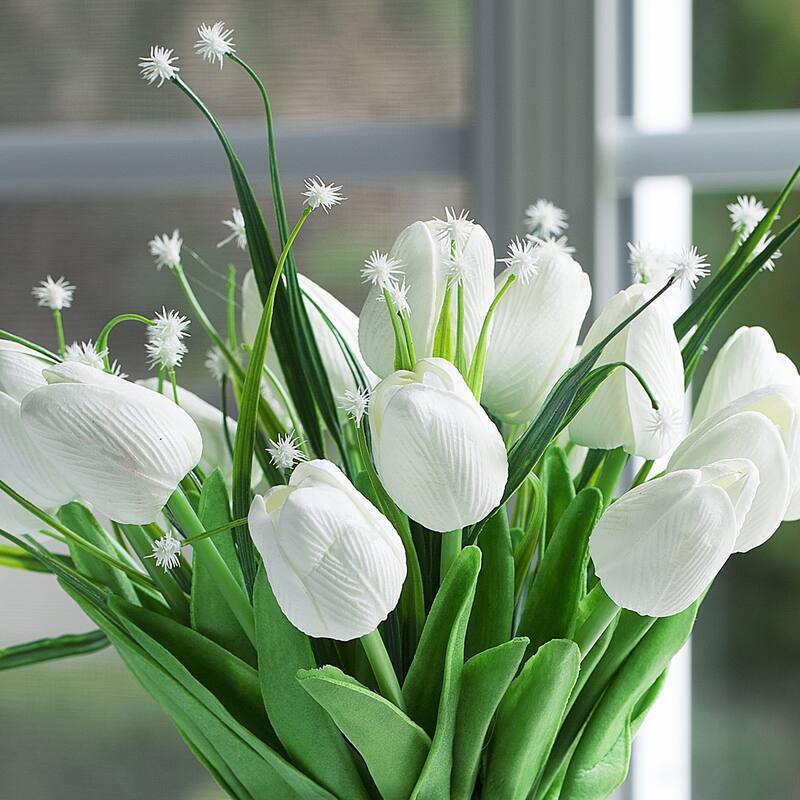 Enova Home Mixed Real Touch Tulip and Star Grasses Artificial Flowers Arrangement in Rectangular Glass Vase for Home Decór